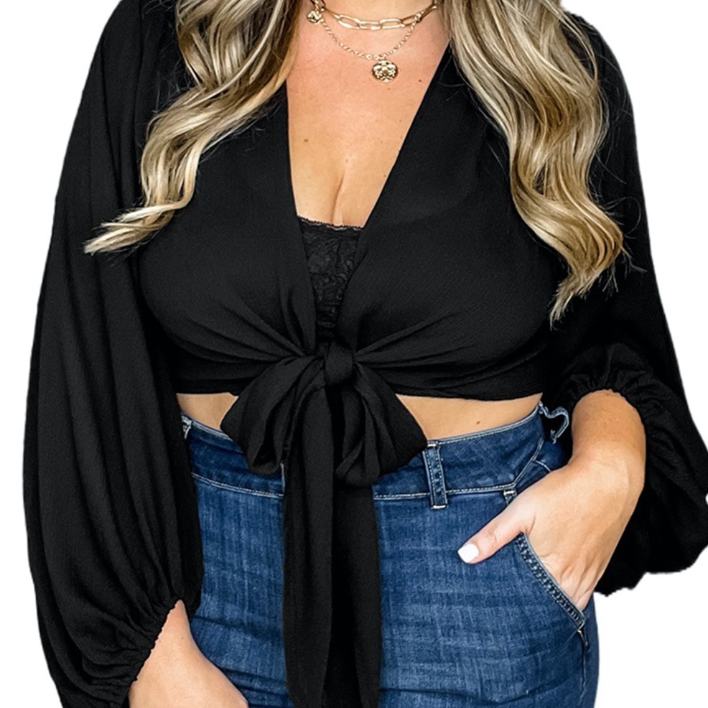 Brand New Plus Size Black Crop Balloon Sleeve Wrap Top